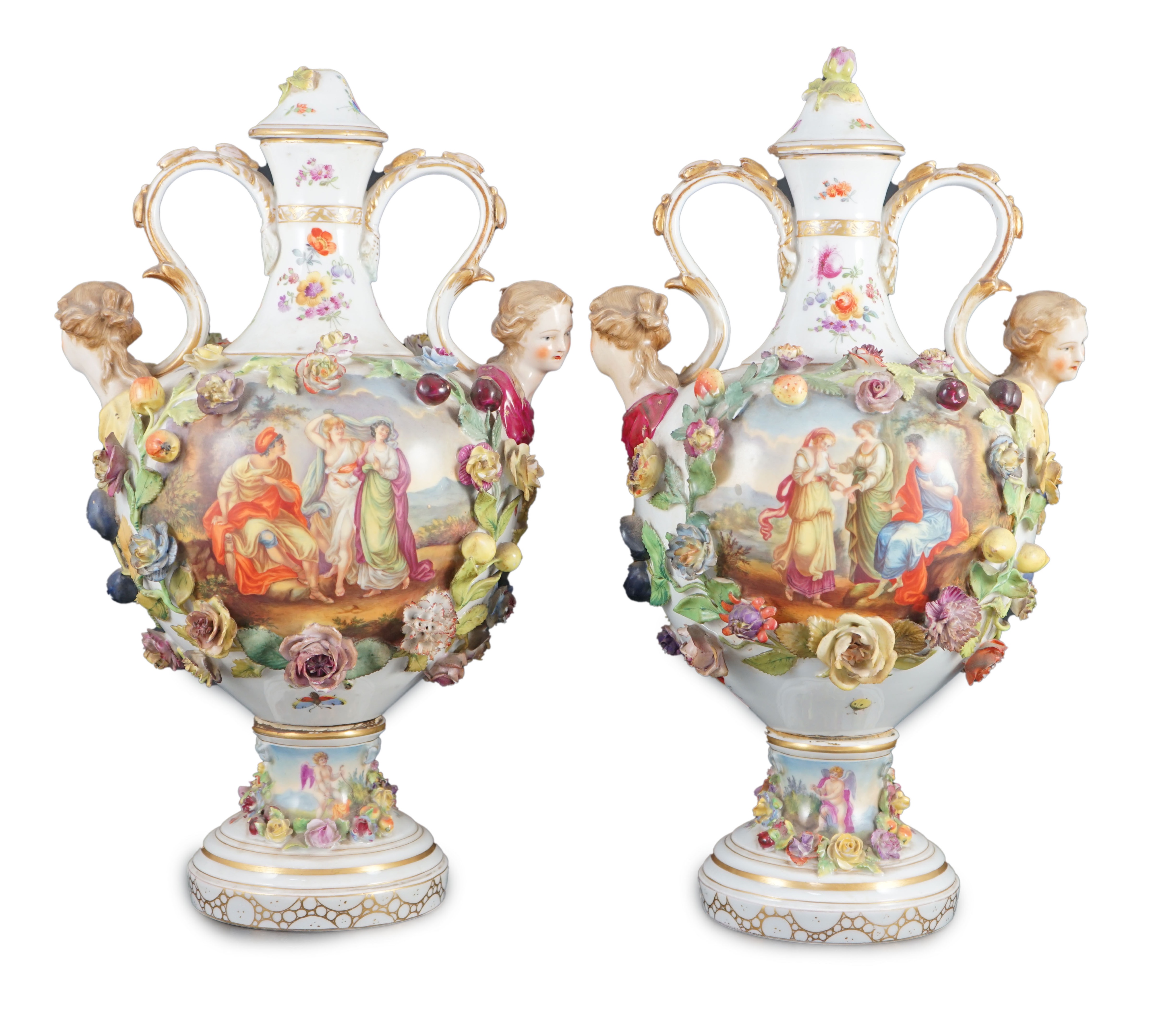 A pair of Potschappel porcelain vases and cover, late 19th century, 41cm high, slight damage